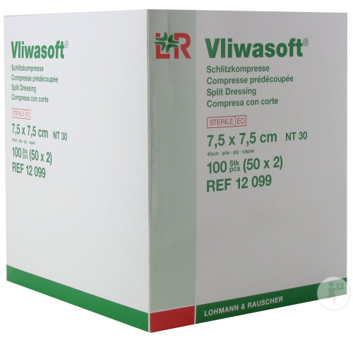 Lohmann & Rauscher Vliwasoft non woven splitkompressen, 7,5 x 7,5 cm - steriel /100st